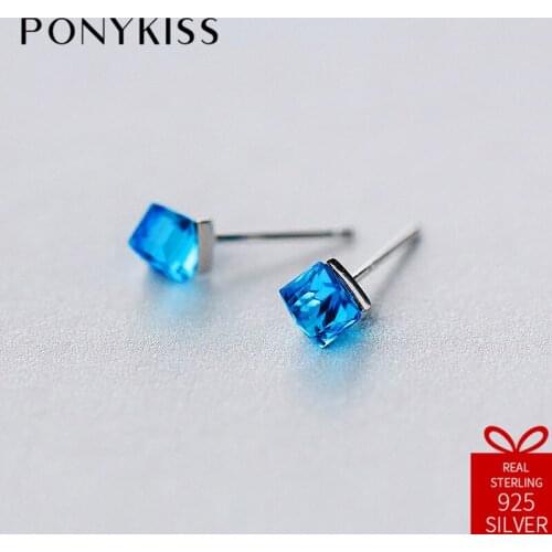 PONYKISS Office S925 Sterling Silver Geometric Sweet Fashion Sugar Cube Zircon Stud Earrings Women Party Jewelry Accessory Gift