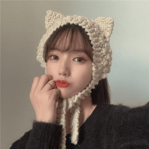 Hat Winter Womens Cute Cat Ear Woolen Hat Beige Black Brown Warm Lace Knitted Hat for Girls