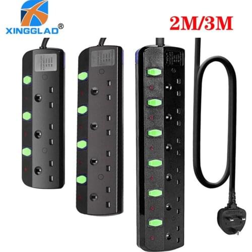 UK Plug Power Strip 3/4/6 Way Individual Switch Fused Switch Extension Socket Outlet Surge Protector With 2/3M Cable 13A 250V