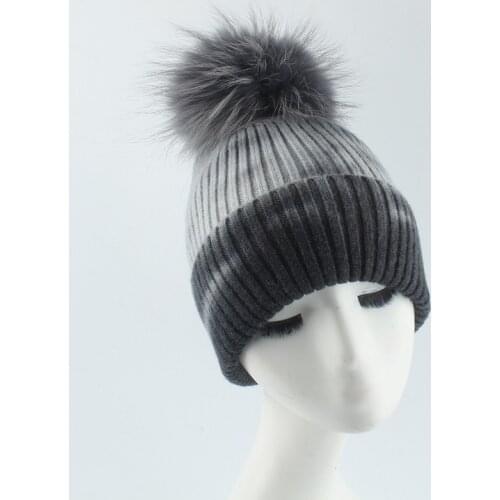 Women Hat Pompom Winter Beanie Wool Knit Real Fur Skiing Warm Outdoor Accessory For Girl Teenagers Luxury