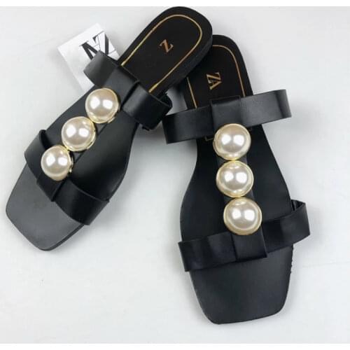 ZAR Women Flat Sandals Summer 2021 New Fashion Black Square Toe Beaded Sexy Outer Wear Sandals And Slippers Women Luxury Brand