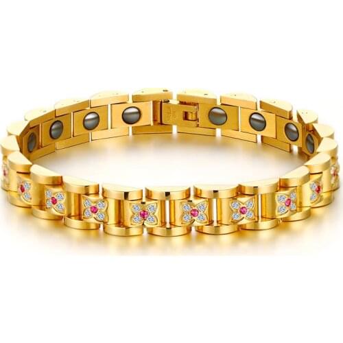 Gold color female bracelet for couples with hematite and colourful cubic zirconia