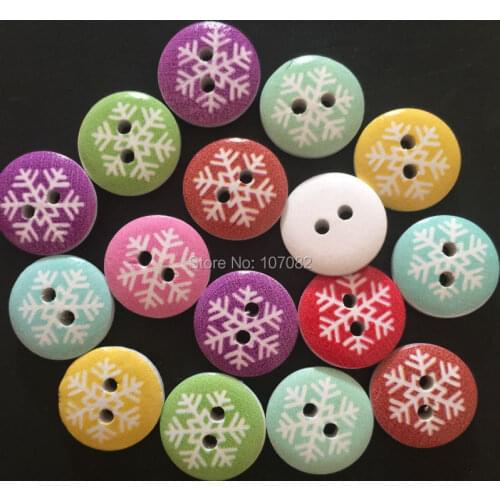 100pc 15mm Round Snowflakes Christmas Mixed Wood Buttons Sewing For Scrapbooking Cardmaking