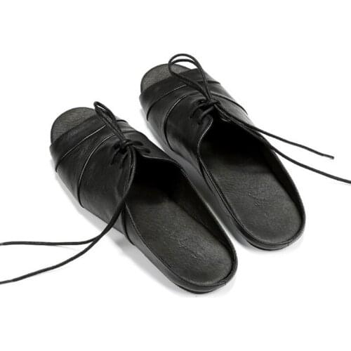 2019 Fashion England Vintage Genuine Leather Slippers Mens Summer Rome Open Toe Shoes Black Slip On Flat Sandals Casual Footwear