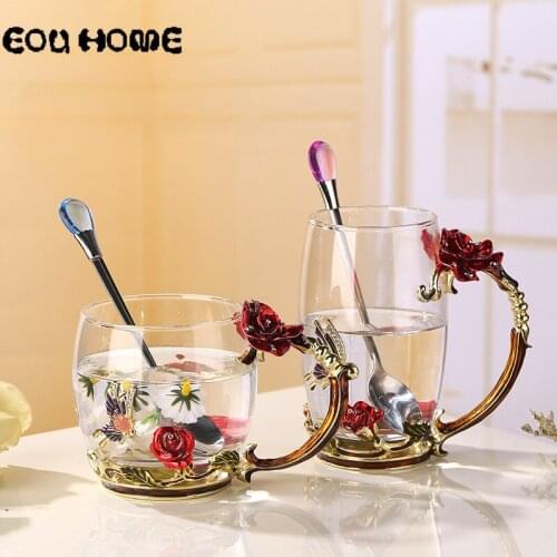 470ml Creative Enamel Coffee Mugs Crystal Glass Flower Tea Cups Household Tea Cups and Mugs Fruit Juice Milk Coffee Drinkware