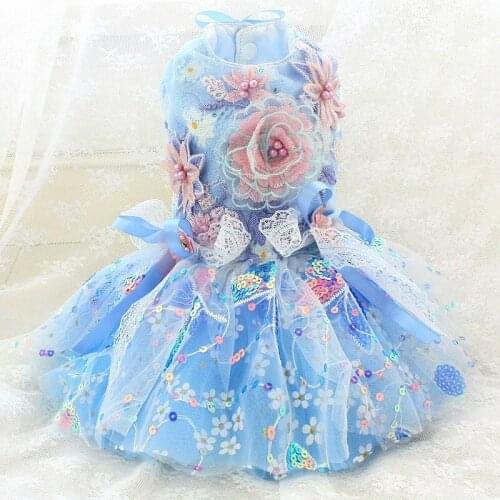 Free Shipping Handmade Dog Clothes Princess Dress Sky Blue Pearl Embroider Flowers Sequin Lace More Layers Tulle Skirt Pet