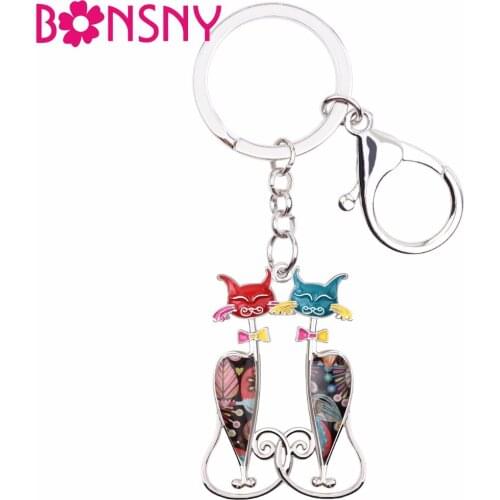 Bonsny Alloy Enamel Cat Kitten Key Chain Key Ring Women Girls Handbag Charm 2017 New Animal Jewelry Car Key Decoration