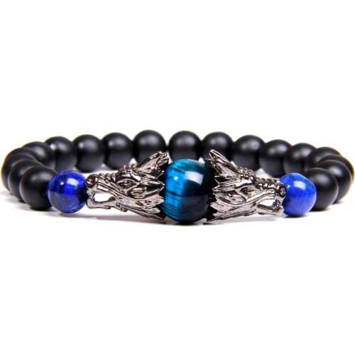 Royal Blue Tiger Eye Stone Bracelets Traditional Silver Color Dragon Charm Bangle Men Matte Black Onyx Elastic Women Braclets