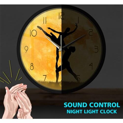 Dancing In the Moon Dancer Couple Sound Control Clock Wall Watch Ballerina Dance Studio Geek Decoration Non Ticking Clocks