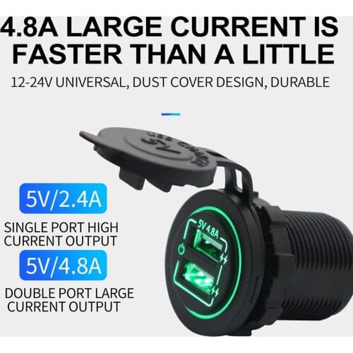 Dual USB Charger Socket 5V 4.8A Power Outlet Fast Charge LED Touch Switch for 12V/24V Car Boat Marine ATV Truck and Motorcycle