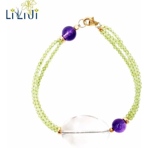 Lii Ji Natural Gemstone Shining Peridot,Transparent Crystal,Amethyst 925 Sterling Silver 18K Gold Plated Unique Bracelet