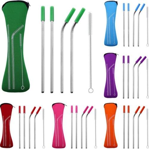 Fashion 4Pcs Reusable Silicone Tips Cover Stainless Steel Straight Bent Drinking Straws Set