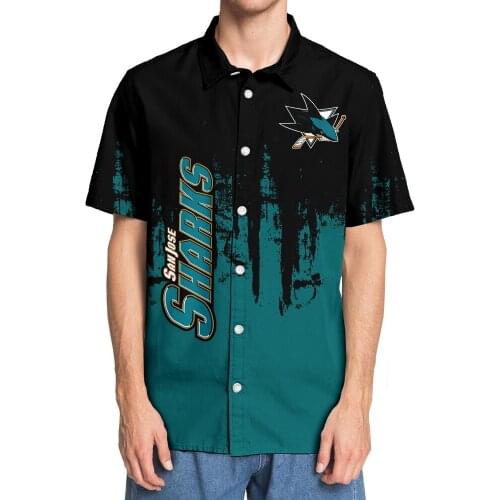 Mens casual short-sleeved shirt San Jose black and green graffiti paint cartoon fish print 3D Sharks shirt