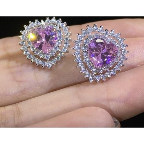Real 925 Sterling Silver Heart Stud Earrings Luxury natural pink topaz gemstone Earrings for Women wedding Jewelry female gift