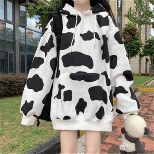 Cute Cow Print Sweatshirt Women Korean Style Casual Hooded Hit Color Long Sleeve Plus Size Warm Pullover Oversized Outwear 5H10