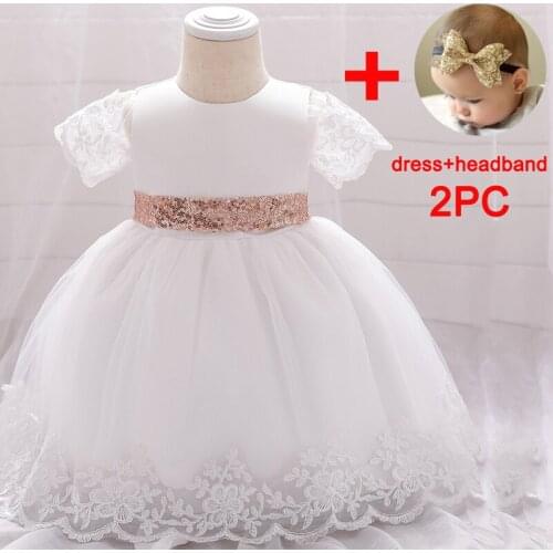 PLBBFZ Send Headban Baby Sequin Bow Girl Dress White Birthday Dress for 1 Year Baby Girl Princess Dresses Childrens Baptism
