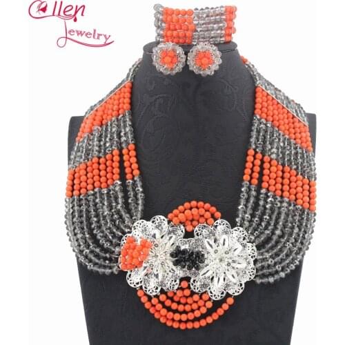 Amazing! Costume Nigerian Wedding African Beads Jewelry Set Crystal Necklaces Coral Jewelry Set W6507