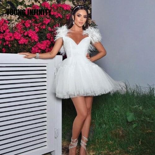 Romantic Short Wedding Dress 2022 Bridal Gown Feather White Backless Bride Formal Wear Tulle Skirt Custom Made