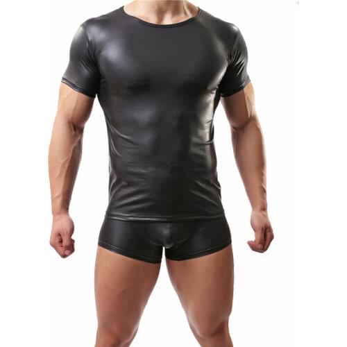 Mens Clothes Set Sexy Men Undershirts PU Leather Shirt Gay Short Sleeve T Shirts Boxer Shorts Underwear Stage Tee Dance Clubwear