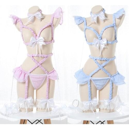 Sexy Lingerie Body Cage Punk Body Harness Belt Woman Garter Pink Blue Bow Bra Kawaii Open Bust Top Bondage Body Cage