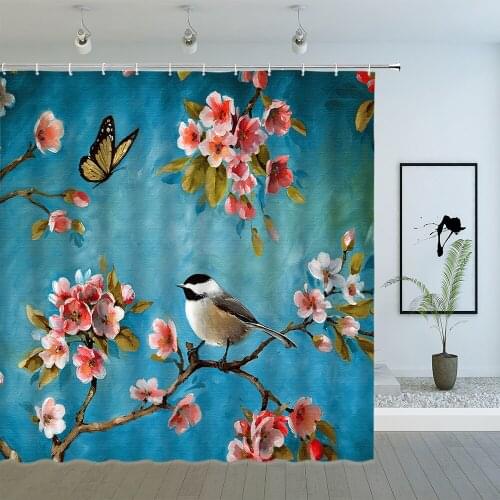 Flower Bird Butterfly Shower Curtains Pink Floral Plant Oil Painting Spring Scenery Pattern Bathroom Polyester Hanging Cloth