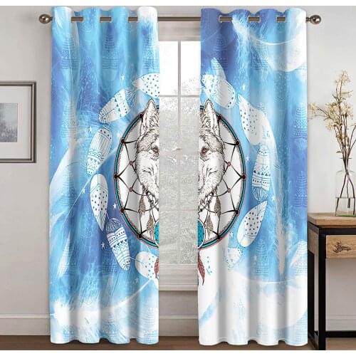 Blue Dream Catcher Printed Woven Curtains Two Independent Curtains on The Left and Right Blackout Curtains for The Bedroom