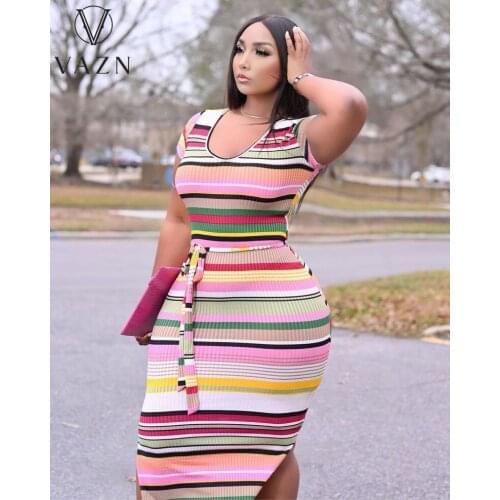 VAZN Spring 2021 Womens Wear Pit Stripe Streetwear Rainbow Stripe Print Dress with Belted Nightclub Dress