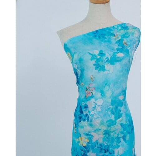 High quality natural pure ramie fabric Dragonflies and flower printing patchwork High end designer robe shirt dress sewing