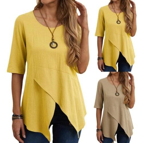 Women Blouse Pullover Top Solid Color Half Sleeve Irregular Hem Casual T-shirt Quick Drying O Neck Shorts