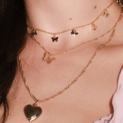 Women Fashion Gold Color Sweet Butterfly Multilayer Chain Pendant Necklace Long Necklace Lady Charm Party Jewelry Accessories