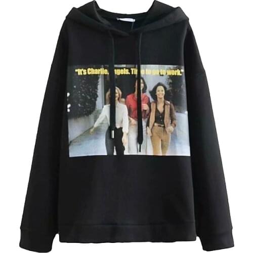 Autumn new loose beauty print plus velvet black zaraing-style za 2020 women sheining vadiming female hoodie sweatshirt