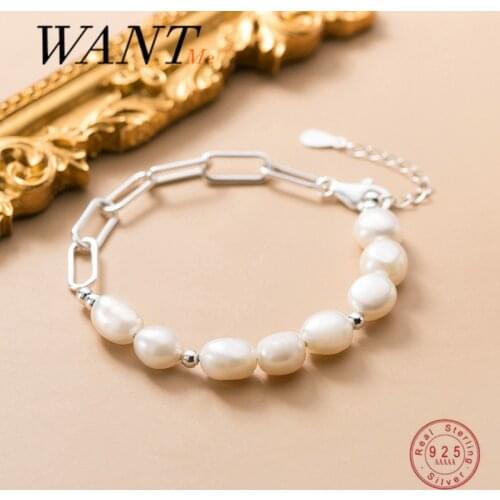 WANTME Genuine 925 Sterling Silver Cuban Link Chain Irregular Baroque Pearl Charm Bracelet for Women Noble Wedding Jewelry 2021