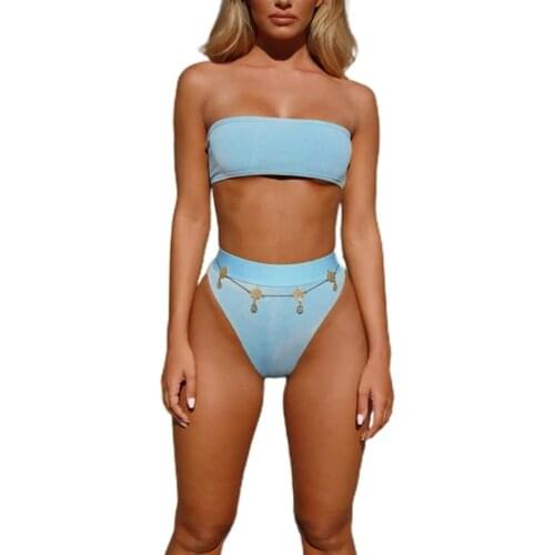 Womens Sexy 2 Piece Bikini Set Strapless Bandeau Tube Top Removable Pad Swimsuit High Waist Thong Solid Color High Cut Dropship