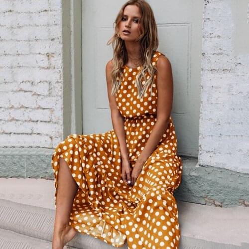Sexy O Neck Sleeveless Polka Dot A Line Dress Summer Women High Waist Maxi Dresses 2021 Lady Vintage Casual Loose Long Vestidos