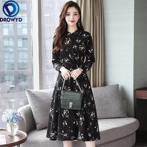 2021 Summer Chiffon Midi Dress Vintage Long Sleeve Floral Print Boho Black Dresses Fashion Women Evening Party Dresses Vestidos