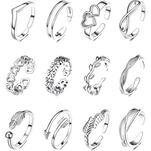 12PCS Adjustable Toe Rings for Women Stainless Steel Flower Arrow Band Open Tail Ring Women Summer Beach Foot Jewelry Set