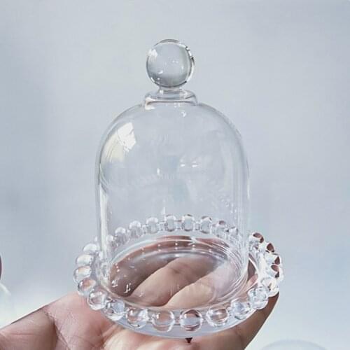 2sets/pack 7*9cm Cylinder Shaped Floral Border Glass Base Dome Candle Dust Cover Cake Plate Egg Tart Dish