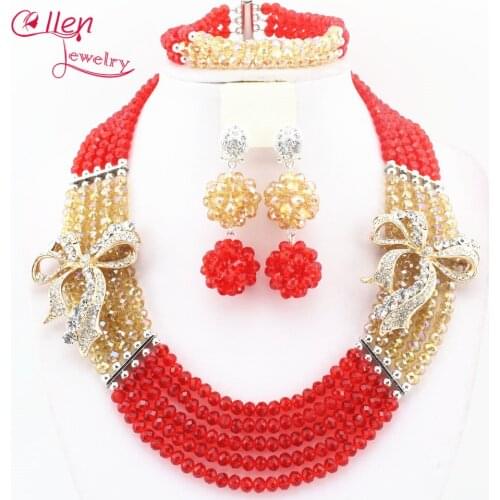 2017 newest Florid red and golden Nigerian Wedding Bride Jewelry Set Gift Costume Jewelry set african beads jewelry set N0057