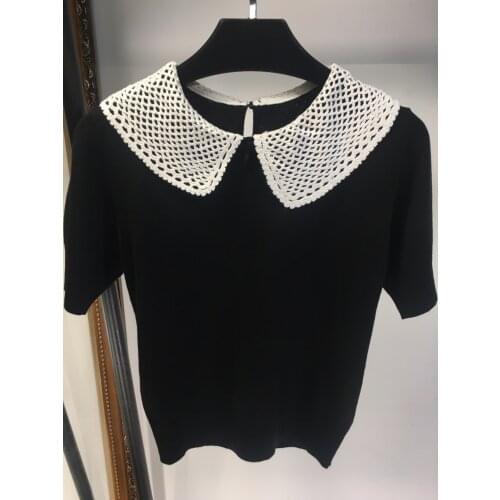 2021 Autumn Top Fashion Casual High Quality Doll Collar Hollow Out Knit T-shirt