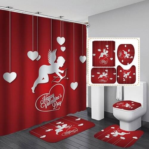 4PCS Shower Curtain Sets with Non-Slip Rugs Toilet Lid Cover Bath Mat and 12 Hooks for Bathroom Decor Valentines Day Gifts