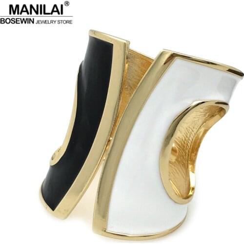 MANILAI Black mix White Oil-spot glaze Punk Big Cuff Bracelets Women Statement Bangles Bracelets Gold Color Tone Alloy Jewelry