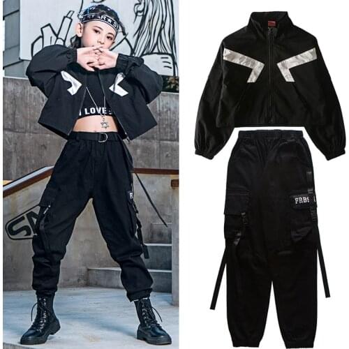 Children Black Hip Hop Costumes For Girls Long Sleeves Jazz Clothing Crop Tops Casual Pants Rave Ballroom Dancing Wear VDB2946