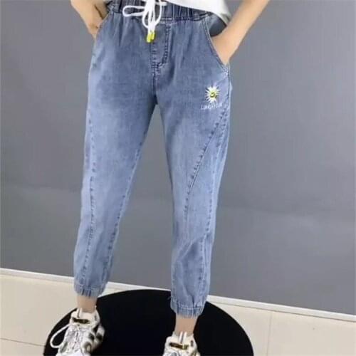 Daisy embroidery Pocket Jeans Womens 2021 Spring Summer Loose Elastic Waist Denim Harem Pants Casual Female Ankle length Pants