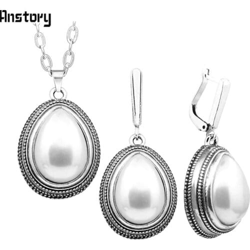 Water Drop Pendant Pearl Jewelry Set Vintage Necklace Earrings Set For Women Stainless Steel Chain Fashion Style Party Gift