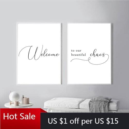 Line Words Drawing Picture Welcome To Our Chaos Nordic Black White Canvas Painting Wall Art for Posters Aesthetic Room Decor