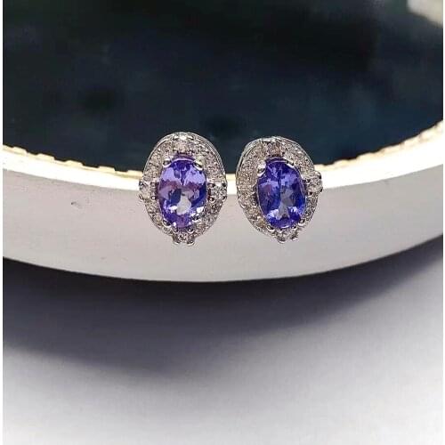 Small Silver Gemstone Stud Earrings 4mm*6mm Natural Tanzanite Silver Earrings Fashion 925 Silver Tanzanite Stud Earrings
