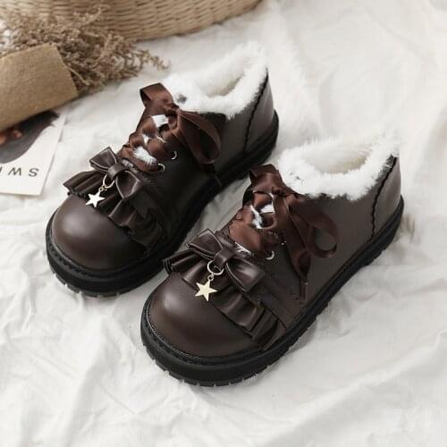 Sweet Ruffled Star Loli Girls Shoes Plus Velvet Winter Warm Kawaii Lolita Japanese Princess Shoes Victoria Lolita Thick Bottom