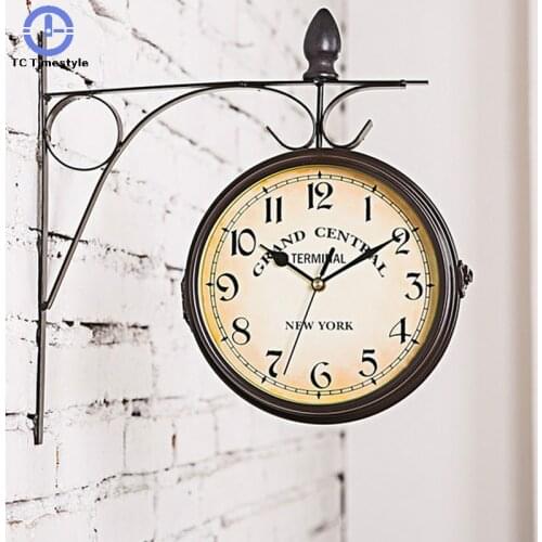 Wall Clock European-style Double-sided Classic Clocks Wrought Iron Hanging Vintage Decorative Living Room Fashion Mute Garden