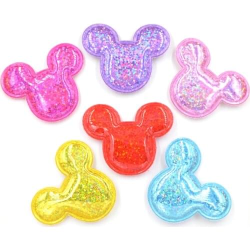 Wholesale 60Pcs 55mm Glittery Laser PU Padded Patches for DIY Baby Headwear Accessories Mouse Appliques Hair BB Clips Decor F53