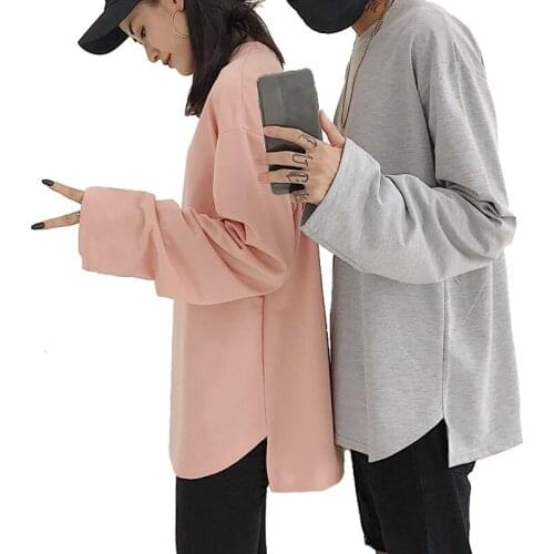 NYOOLO Casual design solid color tees Hem slips loose O-neck long sleeve T-shirt women/men clothing streetwear tops